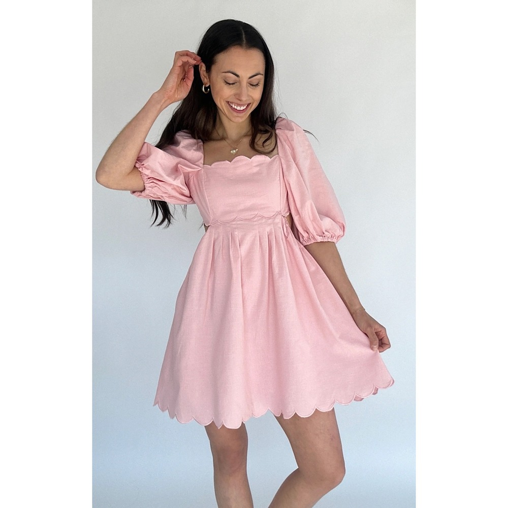 Mable Pink Linen Dress‎ Open Back Puff Sleeve Scalloped Hem Square Neck Large - Picture 9 of 9